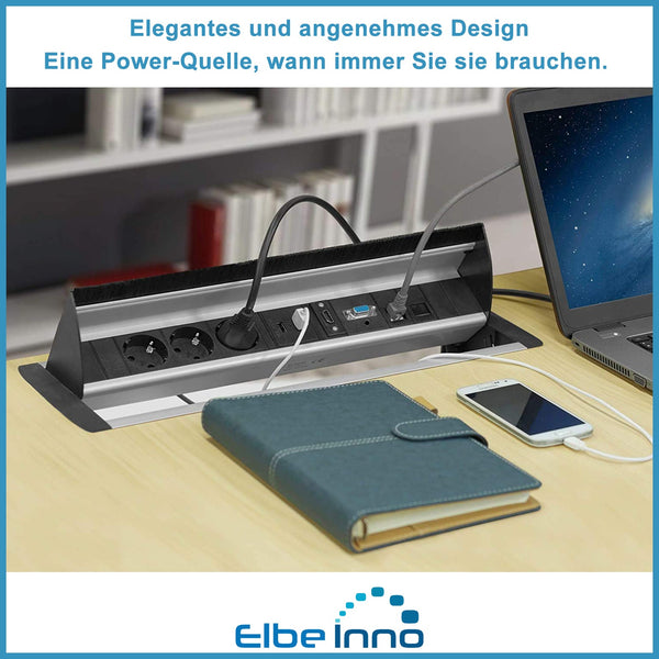 【B-WARE-mit-Kratze】Tischsteckdose versenkbar, aus Aluminium von Elbe Inno, mit USB, HDMI, RJ45 mit VGA- und Netzwerkanschlüsse - EL4403A-b Elbe-Welt.de