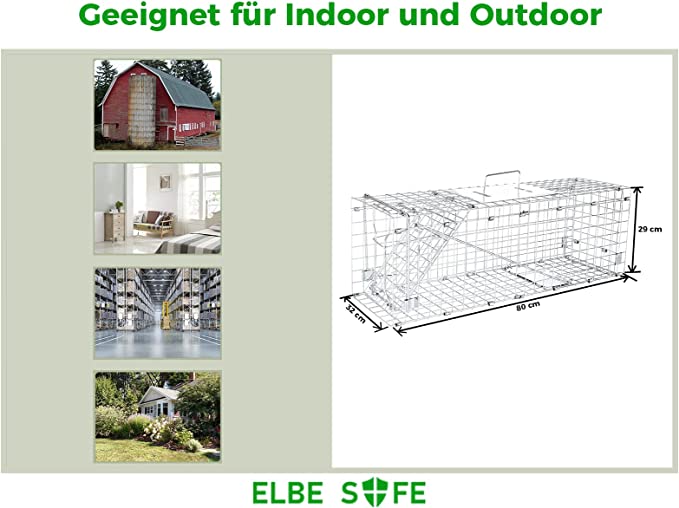 Lebendfalle von ELBE SAFE, Marderfalle, Katzefalle, Hundefalle, 80 x 29 x 32 cm, wetterfest, leicht zu reinigen, sicher für Kinder und Haustiere MAF03-v2 Elbe-Welt.de