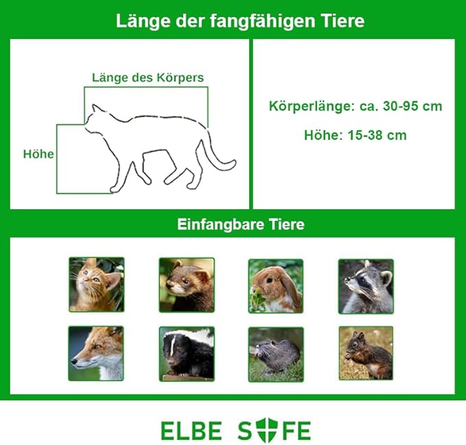 Elbe Safe Marderfalle lebend, 110x23x28 cm große Größe, Doppel-Eingangsdesign, Katzenfalle, Hundefalle, Fuchsfalle, verzinkt, bissfest, mit Griff und Falltüren MAF09 Elbe-Welt.de