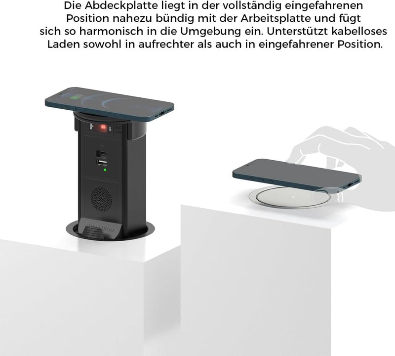 ELbe-Inno-Versenkbare-Steckdose--Aluminium-Tischsteckdose-mit-15W-Kabellosem-Ladegeraet-1-USB-A---1-USB-C-2-Steckdosen-1-8M-Kabel--Einbausteckdose-fuer-Arbeitsplaetze--Bueros-und-Kuechen--Durchmesser-95MM Elbe-Welt.de