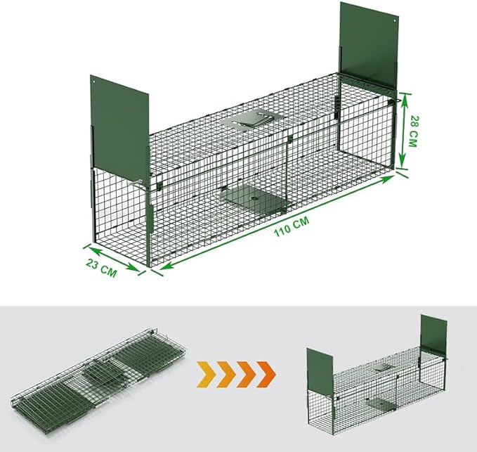 Elbe Safe Marderfalle lebend, 110x23x28 cm große Größe, Doppel-Eingangsdesign, Katzenfalle, Hundefalle, Fuchsfalle, verzinkt, bissfest, mit Griff und Falltüren MAF09 Elbe-Welt.de