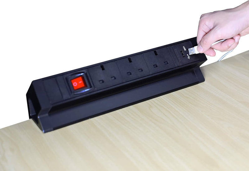 Elbe Inno Extension lead 3 ways, 2 USB, Desktop Socket, Switched, Power Strip with Surge protected, 1.5 m cable length, Metal Table Outlet suit for office, kitchen, worktop EL4103KU-UK Elbe-Welt.de