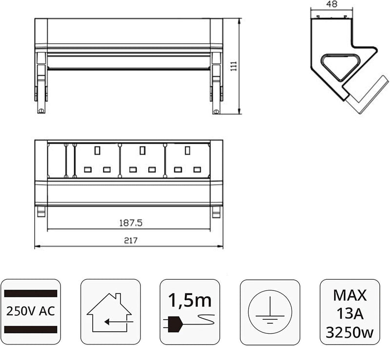 Elbe Inno EL4103-UK Verlängerungskabel, 3-fach, Tischsteckdose, Steckdosenleiste mit Überspannungsschutz, 1,5 m Kabellänge, Metall-Tischsteckdose für Büro, Küche, Arbeitsplatte EL4103-UK Elbe-Welt.de