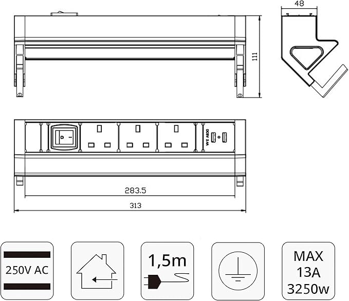Elbe Inno Extension lead 3 ways, 2 USB, Desktop Socket, Switched, Power Strip with Surge protected, 1.5 m cable length, Metal Table Outlet suit for office, kitchen, worktop EL4103KU-UK Elbe-Welt.de