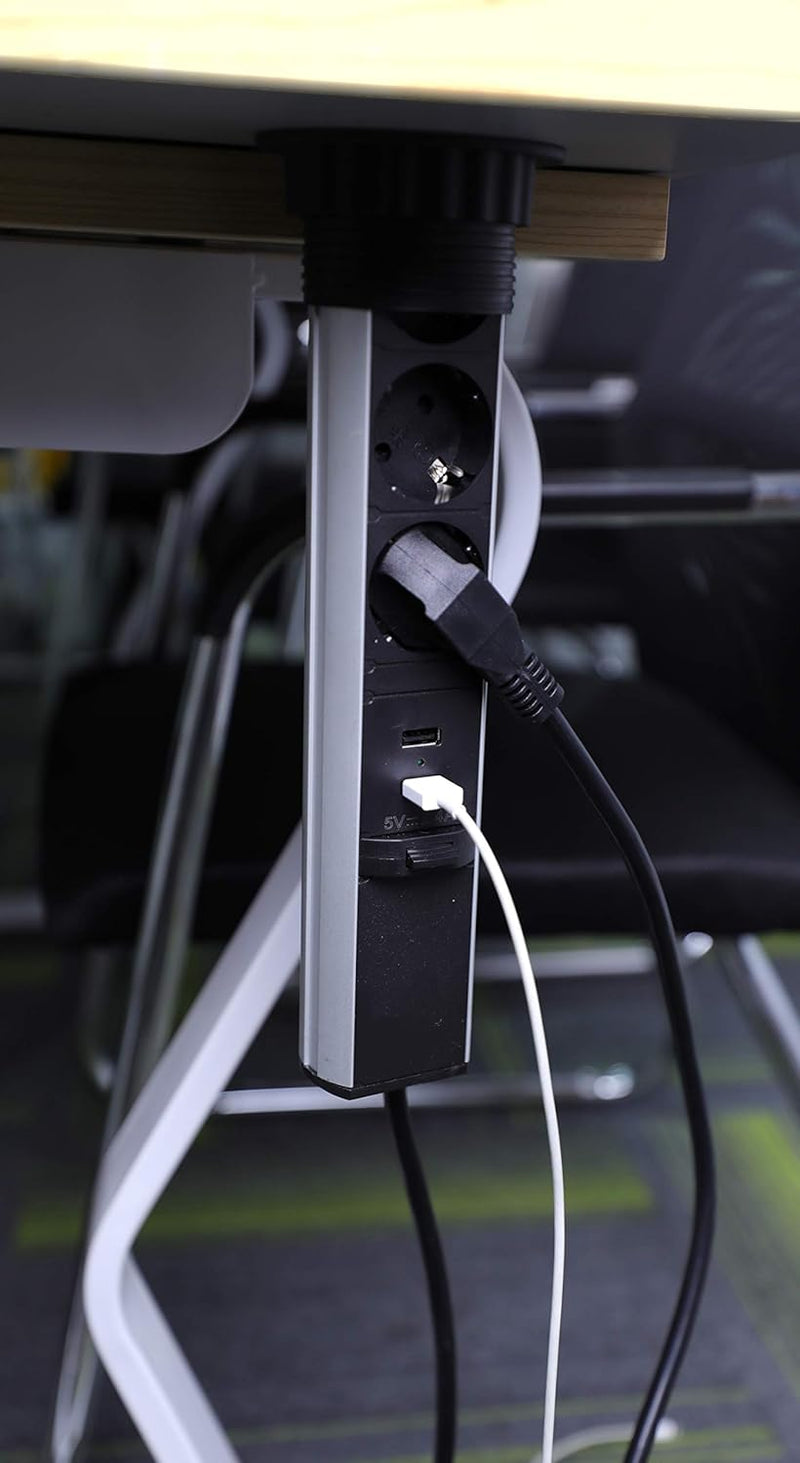 B Ware Elbe Inno Pop-Up-Steckdose, 3-Wege-Steckdose mit 2 USB-Anschlüssen, wasserdichte Abdeckung, Ladegerät, Verlängerungskabel, Klimmzugsteckdose, Arbeitsplatte, Desktop-Steckdose, verchromter Deckel, 1,5 EL1053WU-UK(B) Elbe-Welt.de