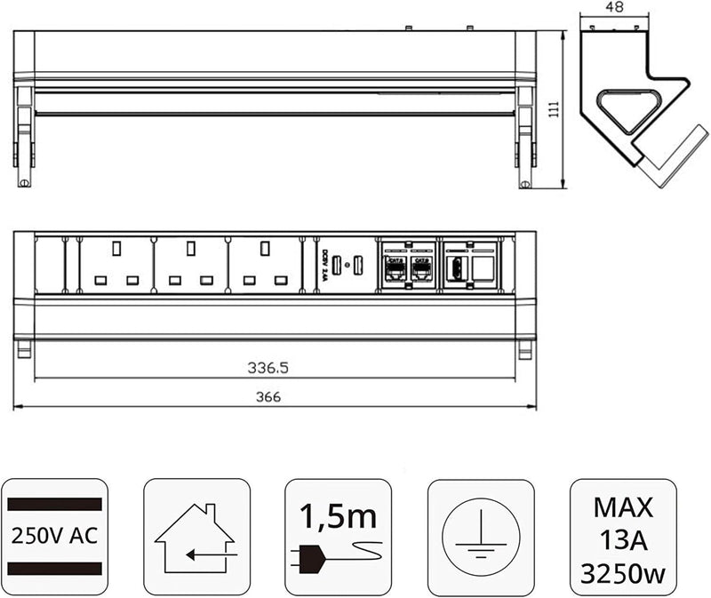 Elbe Inno Extension lead 3 ways, 2 USB, 2 RJ45, HDMI, Desktop Socket, Power Strip with Surge protected, 1.5 m cable length, Metal Table Outlet Extension suit for office, kitchen, worktop EL4103URH-UK Elbe-Welt.de