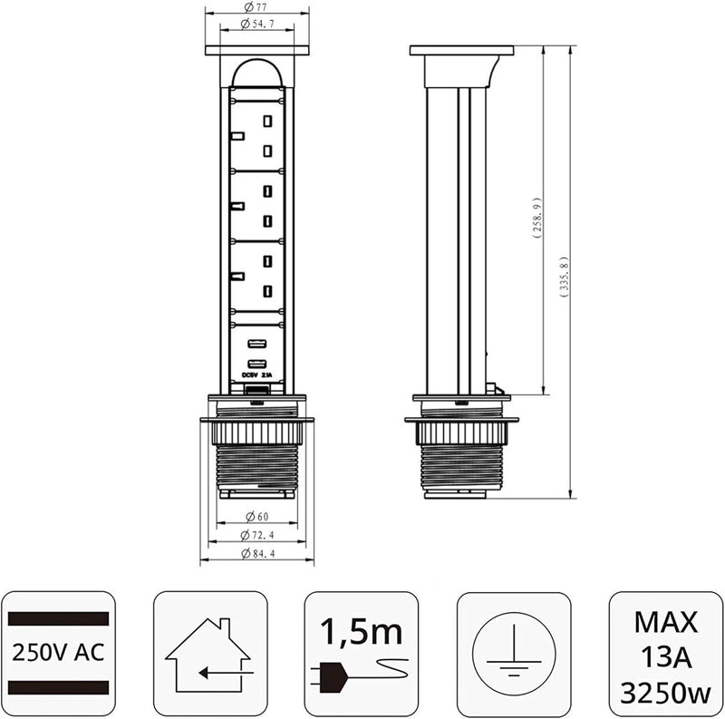 B Ware Elbe Inno Pop-Up-Steckdose, 3-Wege-Steckdose mit 2 USB-Anschlüssen, wasserdichte Abdeckung, Ladegerät, Verlängerungskabel, Klimmzugsteckdose, Arbeitsplatte, Desktop-Steckdose, verchromter Deckel, 1,5 EL1053WU-UK(B) Elbe-Welt.de