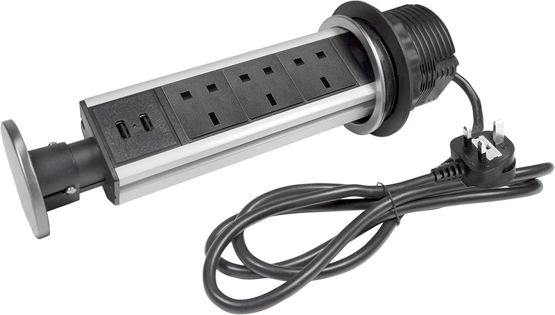 Elbe Inno Pop up Socket 3 Way with 2 USB Charger Extension Lead Pull up Socket worktop Socket with USB prot Desktop Power Chrome lid 1.5 m Extension Cord,Suit for Kitchen worktop Office_EL1803UM-UK Elbe-Welt.de