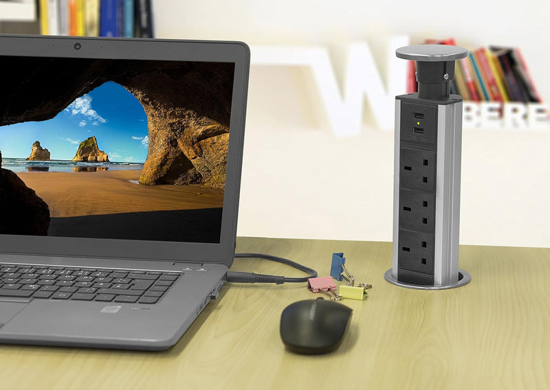 Elbe Inno Pop up Socket 3 Way with 2 USB Charger Extension Lead Pull up Socket worktop Socket with USB prot Desktop Power Chrome lid 1.5 m Extension Cord,Suit for Kitchen worktop Office_EL1803UM-UK Elbe-Welt.de