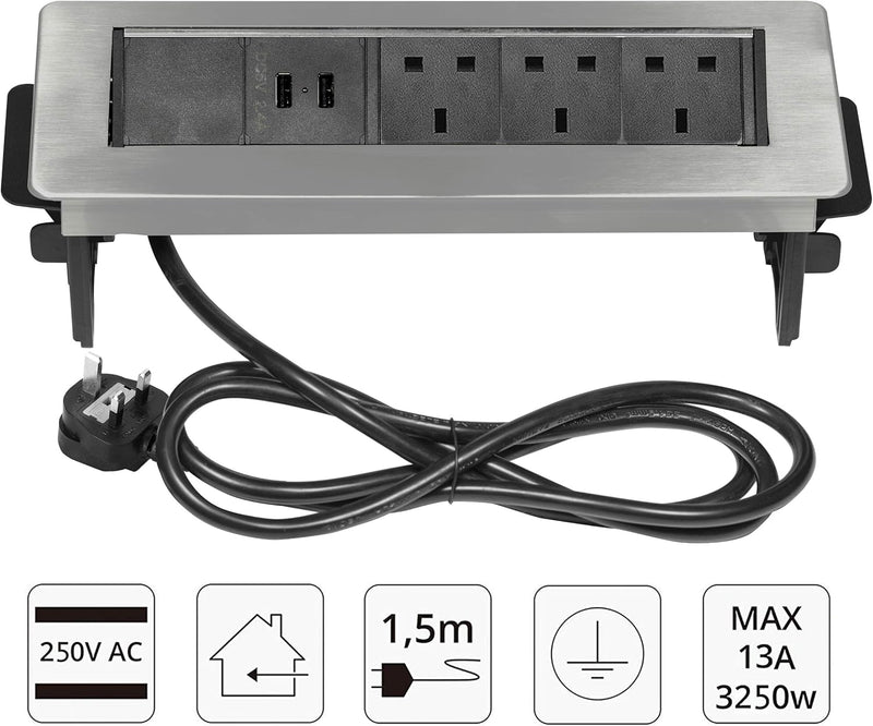 Elbe Inno Retractable Socket 3 Way with 2 USB Charger, Pop up Power Strip, Table Socket Chrome lid 1.5m Extension Cord, Suit for Office, Home worktop EL4703UM-UK Elbe-Welt.de