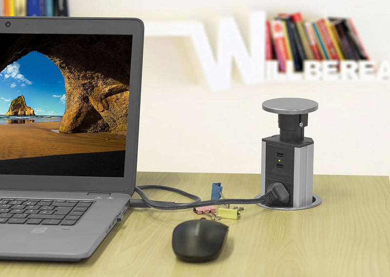 Elbe Inno Pop up Socket 3 Way with 2 USB Charger Extension Lead Pull up Socket worktop Socket with USB prot Desktop Power Chrome lid 1.5 m Extension Cord,Suit for Kitchen worktop Office_EL1803UM-UK Elbe-Welt.de