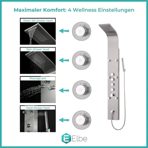 Duschpaneel “Königstein” von ELBE aus gebürstetem Edelstahl, mit Thermostat, Handbrause und 6 Massagedüsen RNP-R01（B） Elbe-Welt.de
