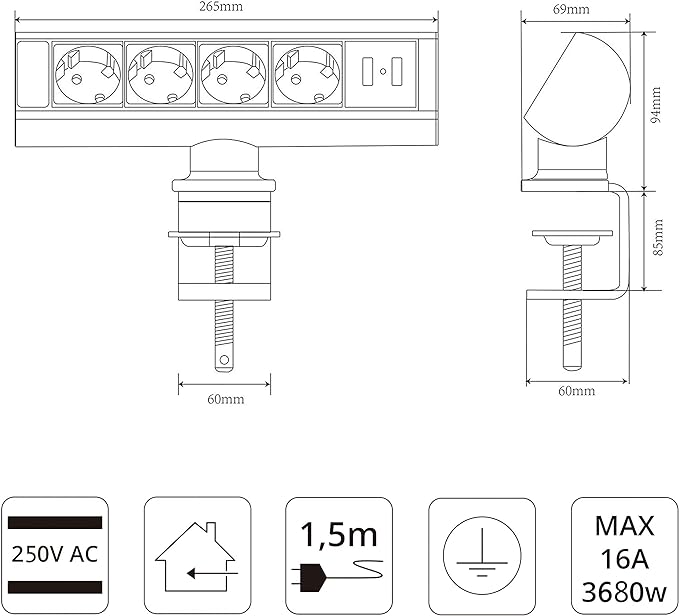 Elbe Inno Bloc Prise Multiprise 4 prises 2 USB Fixable Prise bureau, Parafoudre et Surtension, 1.5 m, Indicateur de Fonction, Cuisine Salle de réunion Bureau Chambre - EL10204U-FR Elbe-Welt.de