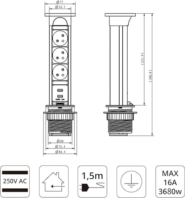 ELBE® Escamotable Prise de Table 3-Fois avec 2 USB, étanche à l'eau, avec sécurité Enfants, Prise encastrée avec câble de raccordement de 1,5 m, Prise de Courant idéale pour Le Bureau, et l'atelier - EL1053WU-FR Elbe-Welt.de