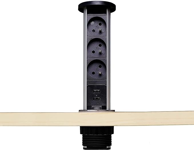 ELBE® Escamotable Prise de Table 3-Fois avec 2 USB, étanche à l'eau, avec sécurité Enfants, Prise encastrée avec câble de raccordement de 1,5 m, Prise de Courant idéale pour Le Bureau, et l'atelier - EL1053WU-FR Elbe-Welt.de