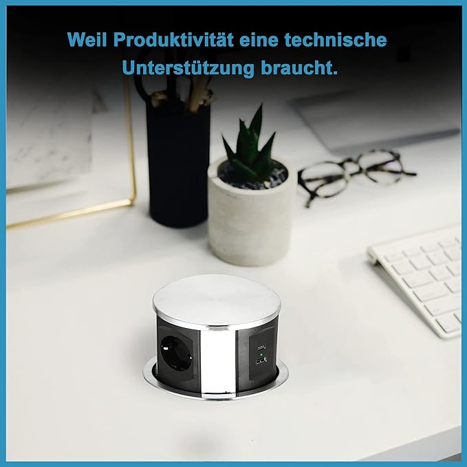 Elbe Inno Versenkbare Tischsteckdose, Einbausteckdose, 3-Fach, Steckdosenturm, mit Typ-A und einen Typ-C-USB-Ladeanschluss , 1.5 m Anschlusskabel, für Büro-, Arbeits- und Küchenflächen EL10703UM Elbe-Welt.de