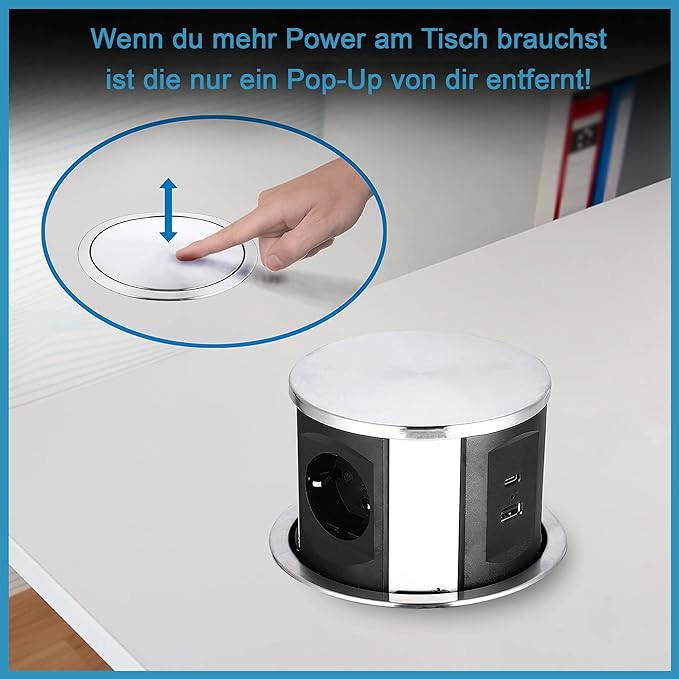 Elbe Inno Versenkbare Tischsteckdose, Einbausteckdose, 3-Fach, Steckdosenturm, mit Typ-A und einen Typ-C-USB-Ladeanschluss , 1.5 m Anschlusskabel, für Büro-, Arbeits- und Küchenflächen EL10703UM Elbe-Welt.de