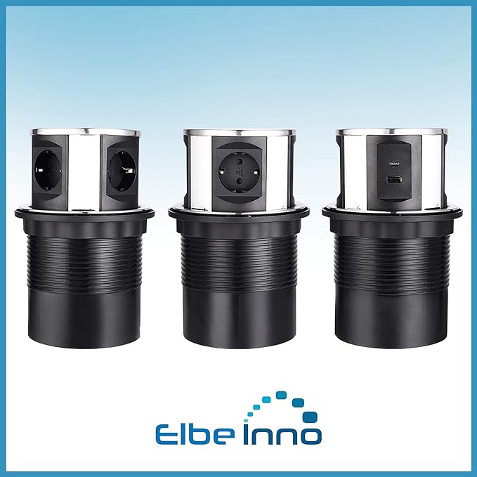 Elbe Inno Versenkbare Tischsteckdose, Einbausteckdose, 3-Fach, Steckdosenturm, mit Typ-A und einen Typ-C-USB-Ladeanschluss , 1.5 m Anschlusskabel, für Büro-, Arbeits- und Küchenflächen EL10703UM Elbe-Welt.de