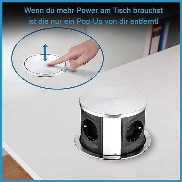 Versenkbare Tischsteckdose 4 Fach von Elbe Inno, mit Edelstahlabdeckung, 1,5 m Anschlusskabel, für Büro-, Arbeits- und Küchenflächen - EL10704M Elbe-Welt.de