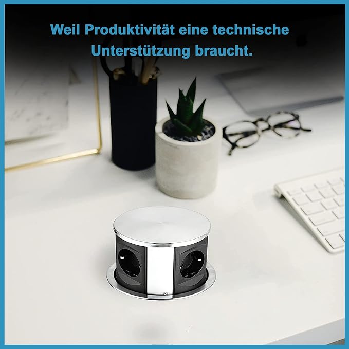 Versenkbare Tischsteckdose 4 Fach von Elbe Inno, mit Edelstahlabdeckung, 1,5 m Anschlusskabel, für Büro-, Arbeits- und Küchenflächen - EL10704M Elbe-Welt.de