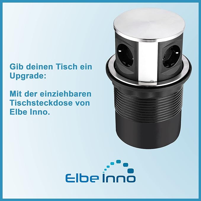 Versenkbare Tischsteckdose 4 Fach von Elbe Inno, mit Edelstahlabdeckung, 1,5 m Anschlusskabel, für Büro-, Arbeits- und Küchenflächen - EL10704M Elbe-Welt.de