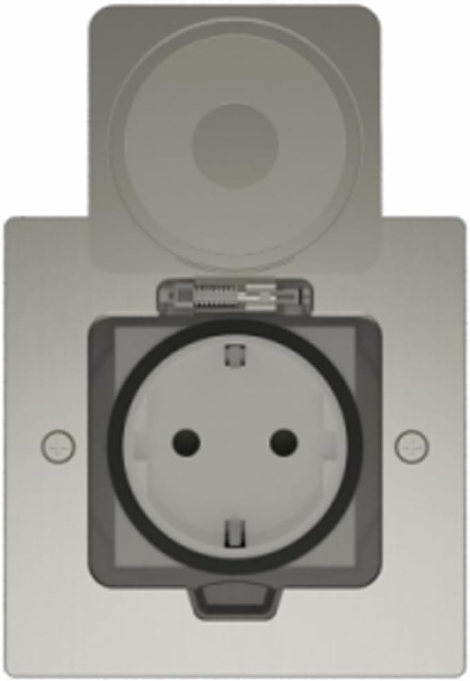 Bodeneinbausteckdose ELBE Inno, Einzelsteckerdesign, schlankes Designprofil, Plattenstärke 2 mm, IP44 Wasser+staubdicht, Klappsteckdose, Zuglaschen-Pop-up-Design, 180° Öffnung, EL1101-b+ Elbe-Welt.de
