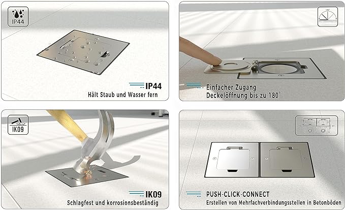 ELBE Inno-Bodeneinbausteckdose, Außensteckdose, 1 Stecker und 1 USB-Anschluss eingebaut, mit Indikator-Design, quadratische Edelstahlplatte, IP65 Wasser- und staubdicht, IK10 Schlagfestigkeit EL1102 Elbe-Welt.de