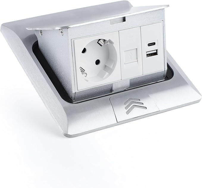 Bodeneinbausteckdose ELBE Inno, 1 Einbaustecker, 1 USB-A, 1 USB-C, 1 CAT6 RJ45, silbernes Aluminium-Finish, Deckel mit Soft-Pop-up-Funktion, IP42 Wasser- und staubdicht EL1103 Elbe-Welt.de