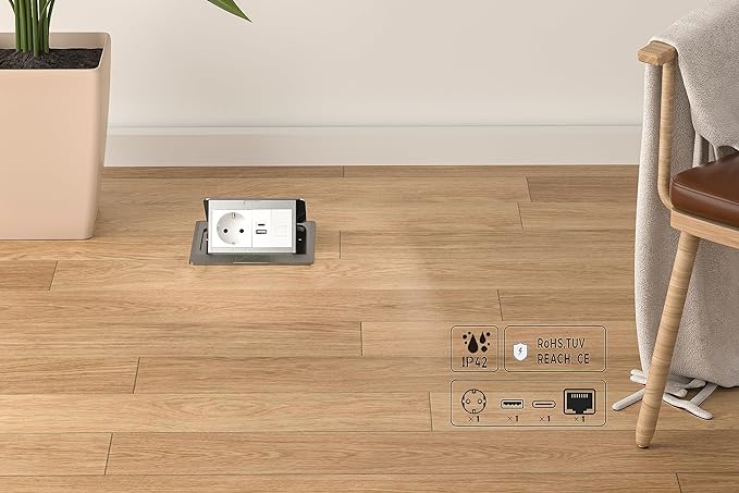 Bodeneinbausteckdose ELBE Inno, 1 Einbaustecker, 1 USB-A, 1 USB-C, 1 CAT6 RJ45, silbernes Aluminium-Finish, Deckel mit Soft-Pop-up-Funktion, IP42 Wasser- und staubdicht EL1103 Elbe-Welt.de