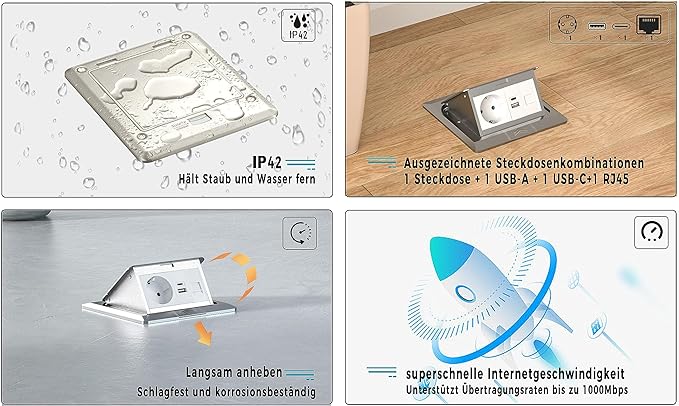 Bodeneinbausteckdose ELBE Inno, 1 Einbaustecker, 1 USB-A, 1 USB-C, 1 CAT6 RJ45, silbernes Aluminium-Finish, Deckel mit Soft-Pop-up-Funktion, IP42 Wasser- und staubdicht EL1103 Elbe-Welt.de