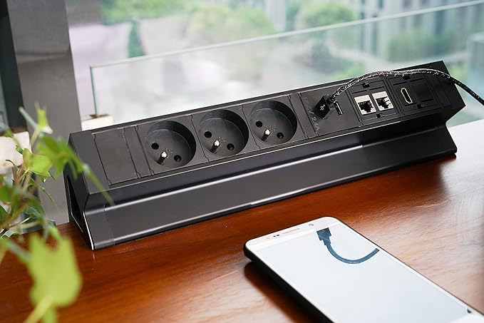 ELBE® Inno Bloc Prise de bureau, multiprise 3 prises, 2 USB, 2 RJ45, HDMI, Prise Plan de Travail, protection en métal contre les surtensions, 1,5 m câble pour bureau, atelier, cuisine - EL4103URH-FR Elbe-Welt.de