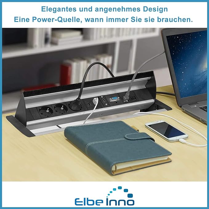 Elbe Inno® Versenkbare Tischsteckdose mit 2xUSB, Einbausteckdose mit HDMI & VGA-Buchse, Steckdosenleiste mit 2xRJ45 Netzwerkdose, Kindersicherung, 3,5mm Audiobuchse, 1,5m Kabel, für Büro EL4403AA Elbe-Welt.de