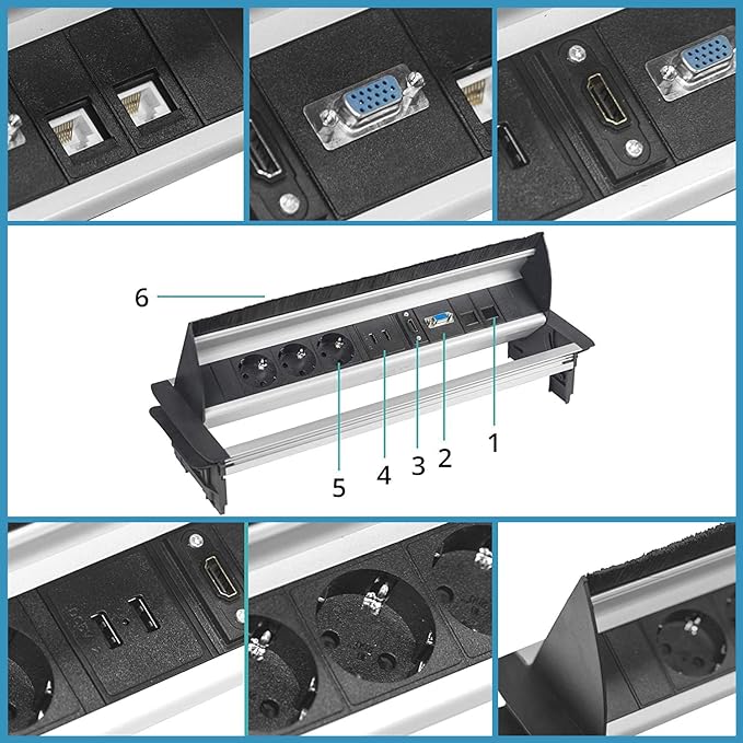 Elbe Inno® Versenkbare Tischsteckdose mit 2xUSB, Einbausteckdose mit HDMI & VGA-Buchse, Steckdosenleiste mit 2xRJ45 Netzwerkdose, Kindersicherung, 3,5mm Audiobuchse, 1,5m Kabel, für Büro EL4403AA Elbe-Welt.de