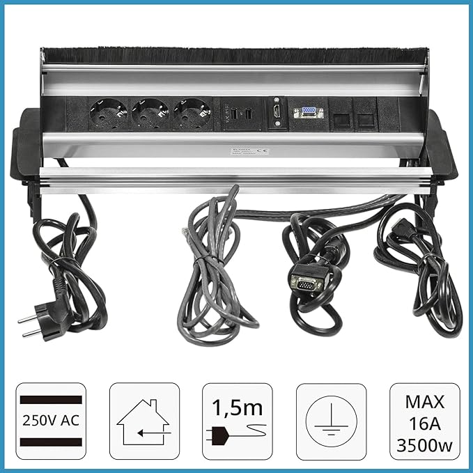 Elbe Inno® Versenkbare Tischsteckdose mit 2xUSB, Einbausteckdose mit HDMI & VGA-Buchse, Steckdosenleiste mit 2xRJ45 Netzwerkdose, Kindersicherung, 3,5mm Audiobuchse, 1,5m Kabel, für Büro EL4403AA Elbe-Welt.de