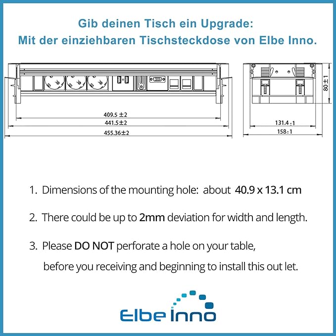 Elbe Inno® Versenkbare Tischsteckdose mit 2xUSB, Einbausteckdose mit HDMI & VGA-Buchse, Steckdosenleiste mit 2xRJ45 Netzwerkdose, Kindersicherung, 3,5mm Audiobuchse, 1,5m Kabel, für Büro EL4403AA Elbe-Welt.de