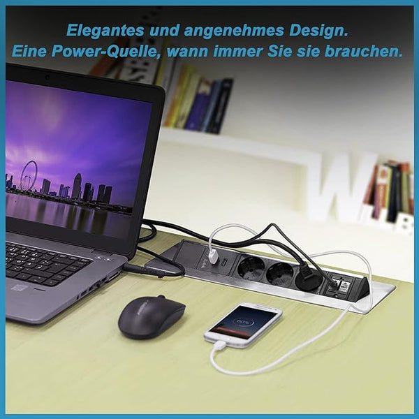 Tischsteckdose versenkbar in Chrom-Optik von Elbe Inno, mit 2 x USB, 2 x RJ45-Anschlüsse - EL4703URM Elbe-Welt.de