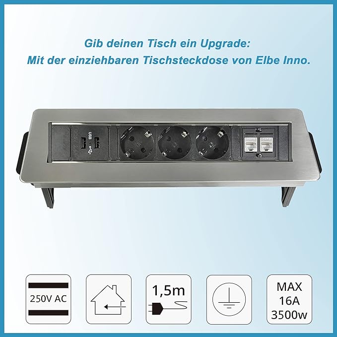 【B-WARE】Tischsteckdose versenkbar in Chrom-Optik von Elbe Inno, mit 2 x USB, 2 x RJ45-Anschlüsse - EL4703URM(B) Elbe-Welt.de