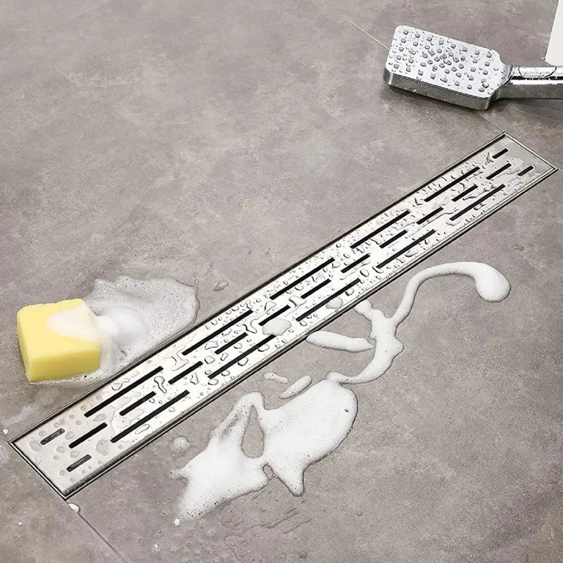 Duschrinne von ELBE aus Edelstahl, 3-reihig-Schlitzm Muster, mit Siphon, Haarsieb, Gruchsstop,L60 cm - RN-K060A Elbe-Welt.de