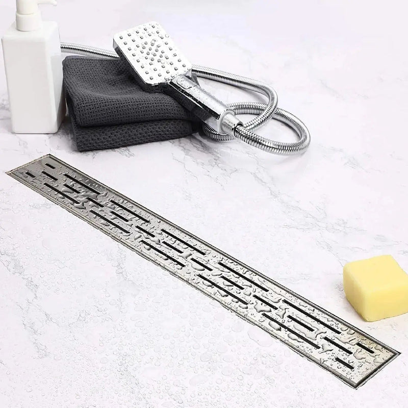 Duschrinne von ELBE aus Edelstahl, 3-reihig-Schlitzm Muster, mit Siphon, Haarsieb, Gruchsstop,L60 cm - RN-K060A Elbe-Welt.de