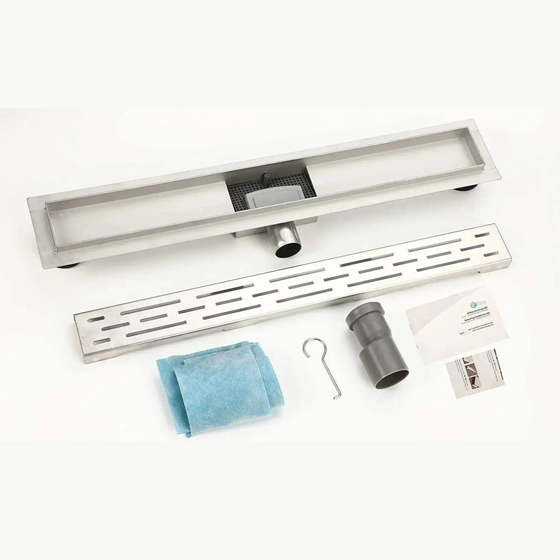 Duschrinne von ELBE aus Edelstahl, 3-reihig-Schlitzm Muster, mit Siphon, Haarsieb, Gruchsstop,L60 cm - RN-K060A Elbe-Welt.de