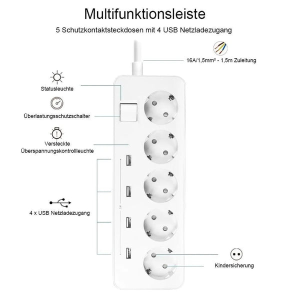 Steckdosenleiste von Elbe Inno mit 4 x USB und Schalter - ELSO5U4-DE Elbe-Welt.de