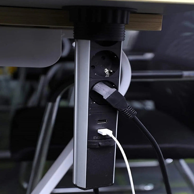 Elbe Inno versenkbare Tischsteckdose 3 Fach mit 2 USB, wassergeschützte Tischsteckdosenleiste, Metall Einbausteckdose mit 1,5m Anschlusskabel, Steckdosenleiste, ideal für Büro, Küche und Werkstatt - EL1053WU(B) Elbe-Welt.de