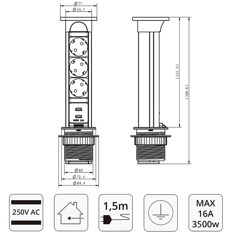 Elbe Inno versenkbare Tischsteckdose 3 Fach mit 2 USB, wassergeschützte Tischsteckdosenleiste, Metall Einbausteckdose mit 1,5m Anschlusskabel, Steckdosenleiste, ideal für Büro, Küche und Werkstatt - EL1053WU(B) Elbe-Welt.de