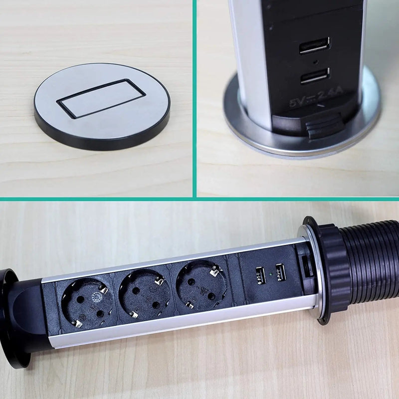 Elbe Inno versenkbare Tischsteckdose 3 Fach mit 2 USB, wassergeschützte Tischsteckdosenleiste, Metall Einbausteckdose mit 1,5m Anschlusskabel, Steckdosenleiste, ideal für Büro, Küche und Werkstatt - EL1053WU(B) Elbe-Welt.de