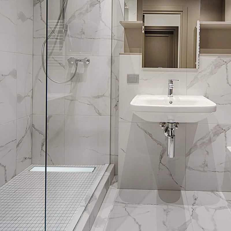 ELBE® Duschrinne 60cm Edelstahl, Weißglass, mit Siphon und Haarsieb, Geruchsstop, Bodenablauf flach, Komplettset mit Bodenbefestigung Elbe-Welt.de