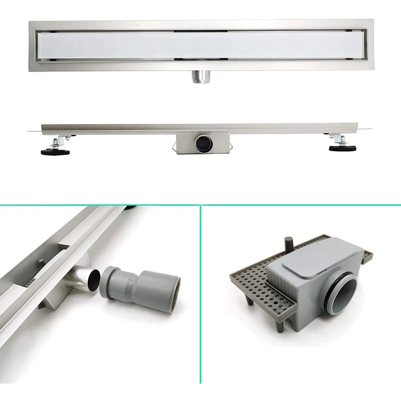 ELBE® Duschrinne 60cm Edelstahl, Weißglass, mit Siphon und Haarsieb, Geruchsstop, Bodenablauf flach, Komplettset mit Bodenbefestigung Elbe-Welt.de