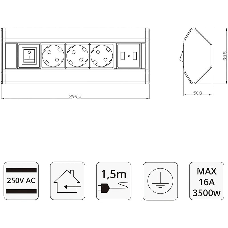 Elbe Inno Ecksteckdose 2 x USB mit Schalter Wandmontage aus Aluminium - EL4603KU Elbe-Welt.de