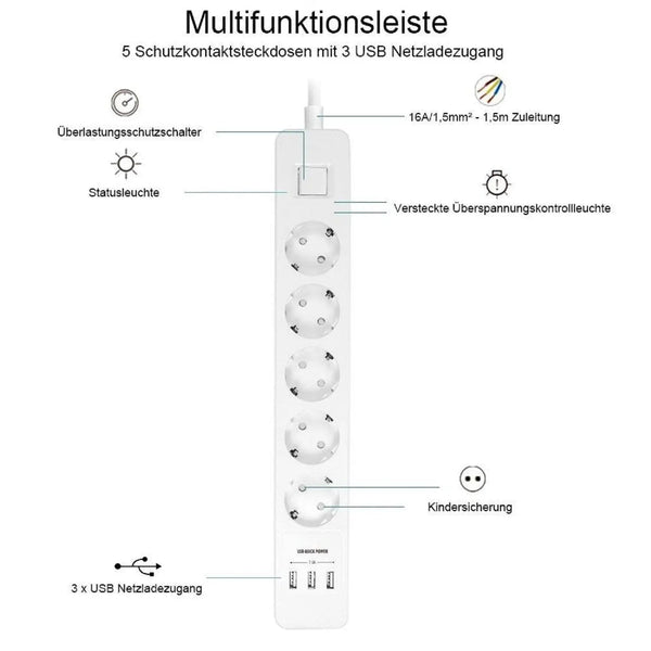 Steckdosenleiste Wandmontage von Elbe Inno, mit 3 x USB und Schalter - ELSO5U3-DE Elbe-Welt.de