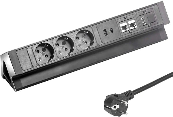 Tischsteckdose aus Aluminium von Elbe Inno, 3 Fach, mit 1 x USB-A und 1 x USB-C-Ladeanschluss, 2 x RJ45, 1 x HDMI - EL4103URH-AC Elbe-Welt.de