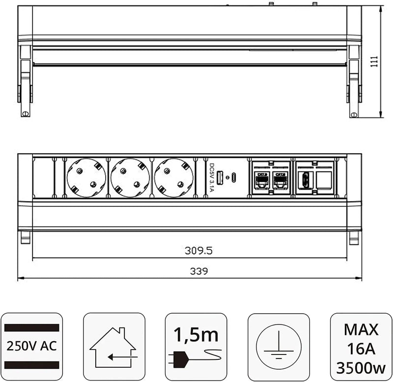 Tischsteckdose aus Aluminium von Elbe Inno, 3 Fach, mit 1 x USB-A und 1 x USB-C-Ladeanschluss, 2 x RJ45, 1 x HDMI - EL4103URH-AC Elbe-Welt.de